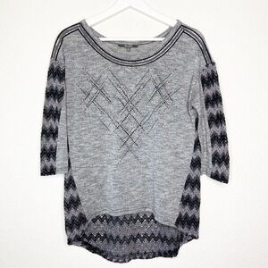 Miss Me Gray Rhinestone Embellished Sequin Beaded Trim Mixed Knit Sweater Sz S